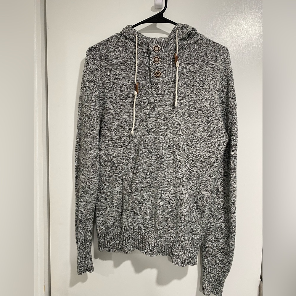 Ocean Current mens small hooded sweater 3/4 button down heathered grey